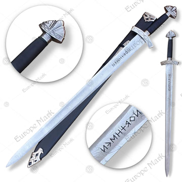 Premium Ragnar Lothbrok Damascus Sword Replica with Runic Plaque