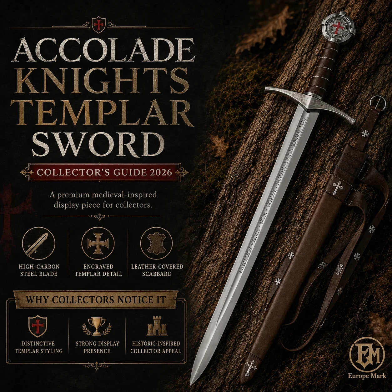Accolade Knights Templar Sword Replica with engraved high carbon steel blade red wrapped handle and brown scabbard in premium medieval collector display