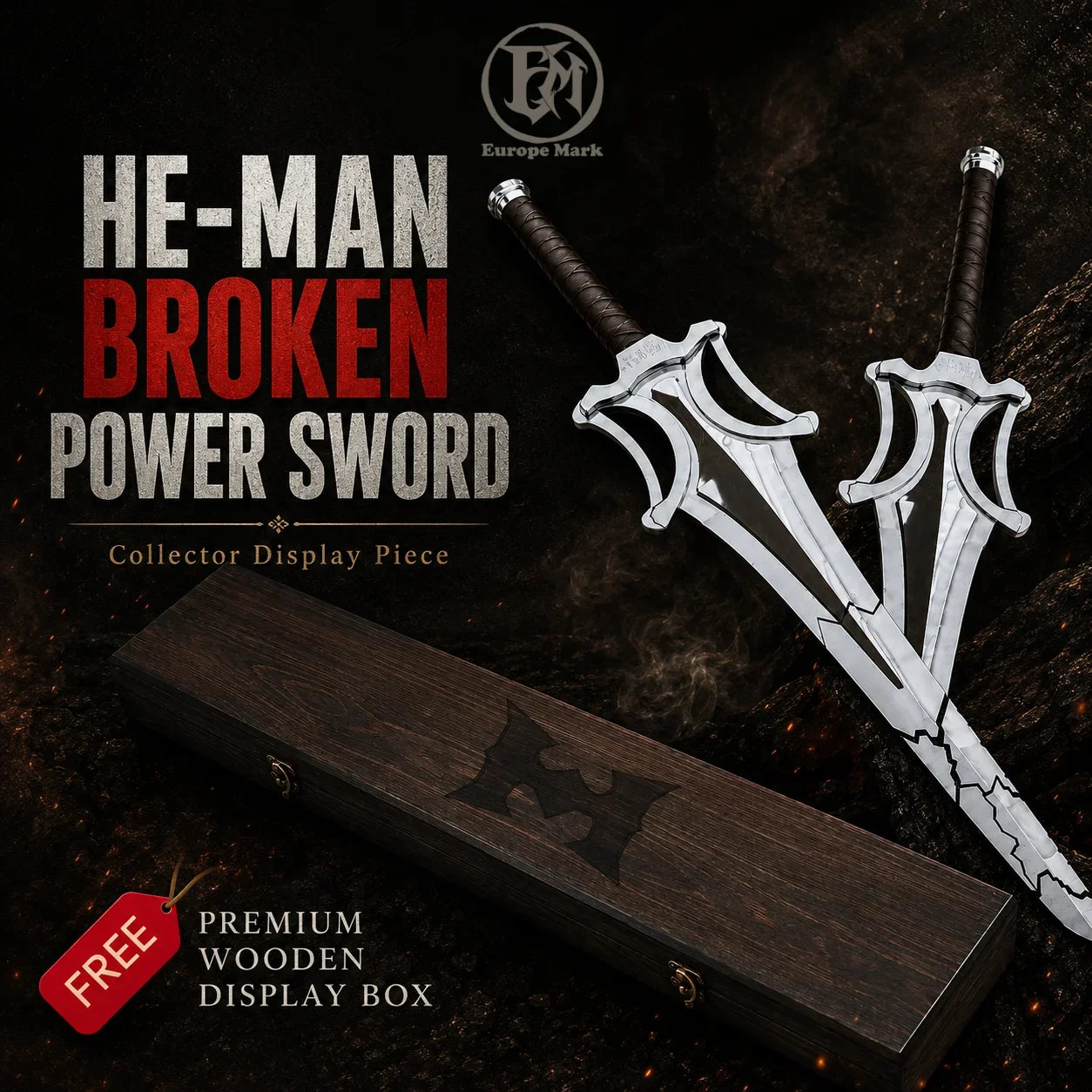 He-Man Broken Power Sword display collectible with cracked stainless steel blade and red lined wooden presentation box in premium fantasy setting