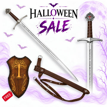 Accolade Knights Templar replica sword with engraved silver blade, brown leather scabbard and wooden display shield, featured in Europe Mark's Halloween sale.