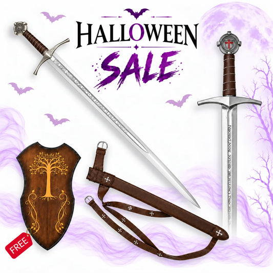 Accolade Knights Templar replica sword with engraved silver blade, brown leather scabbard and wooden display shield, featured in Europe Mark's Halloween sale.