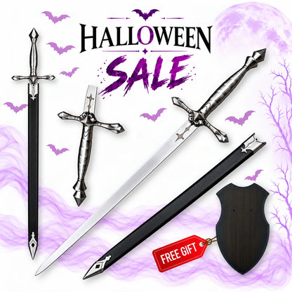 Alucard vampire sword replica with silver gothic crossguard, long silver blade, black scabbard and display plaque, featured in Europe Mark's Halloween sale.