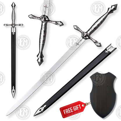 Alucard Vampire Sword Replica with ornate silver hilt, polished blade and black scabbard shown on white background