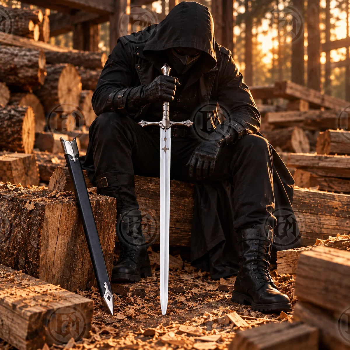 Castlevania-inspired Alucard longsword held by hooded collector with black scabbard in woodland setting