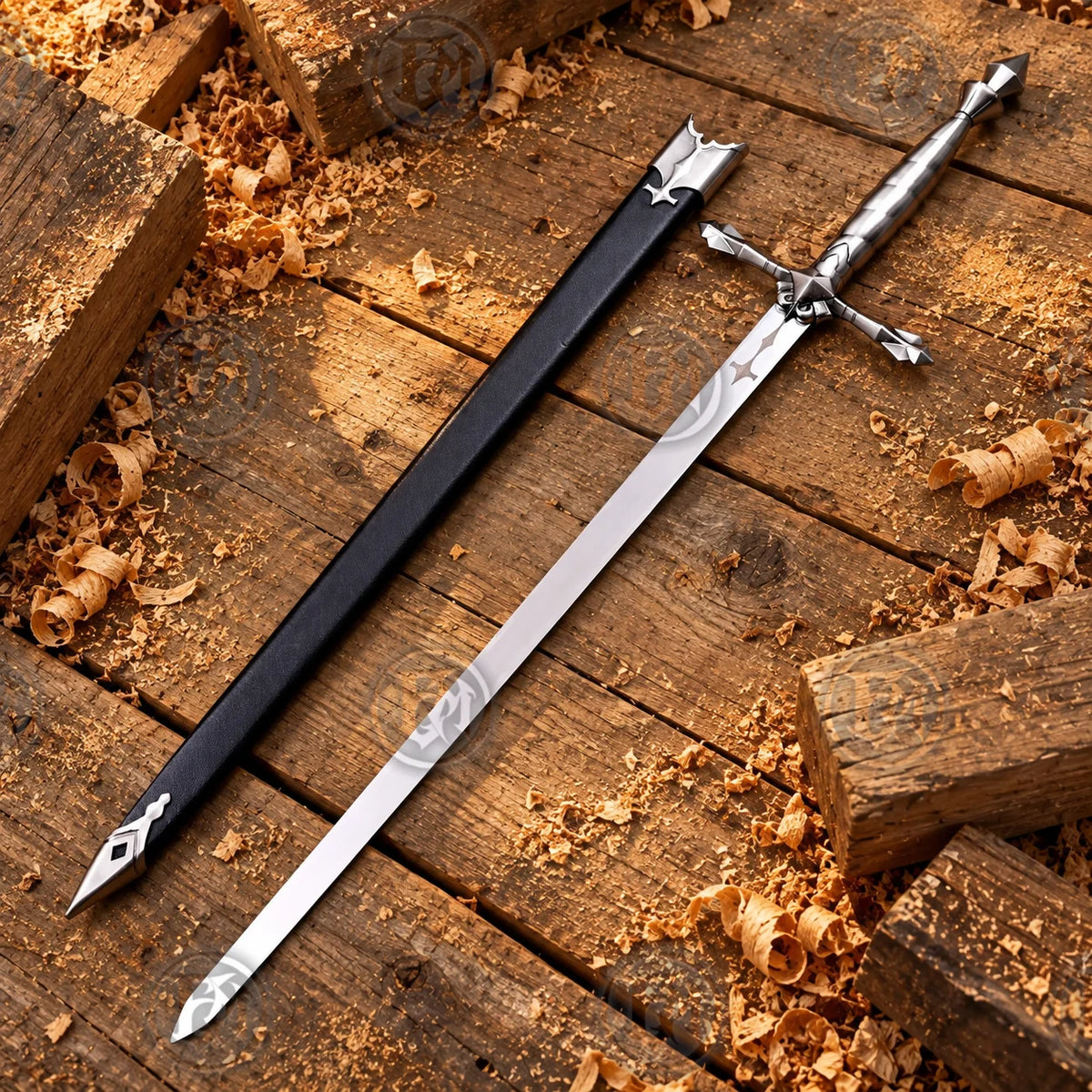 Alucard vampire sword and black scabbard displayed diagonally across rustic wooden boards