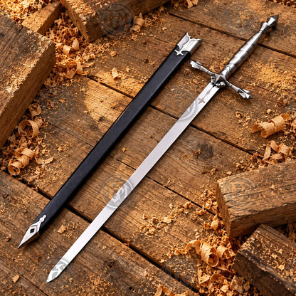 Alucard vampire sword and black scabbard displayed diagonally across rustic wooden boards