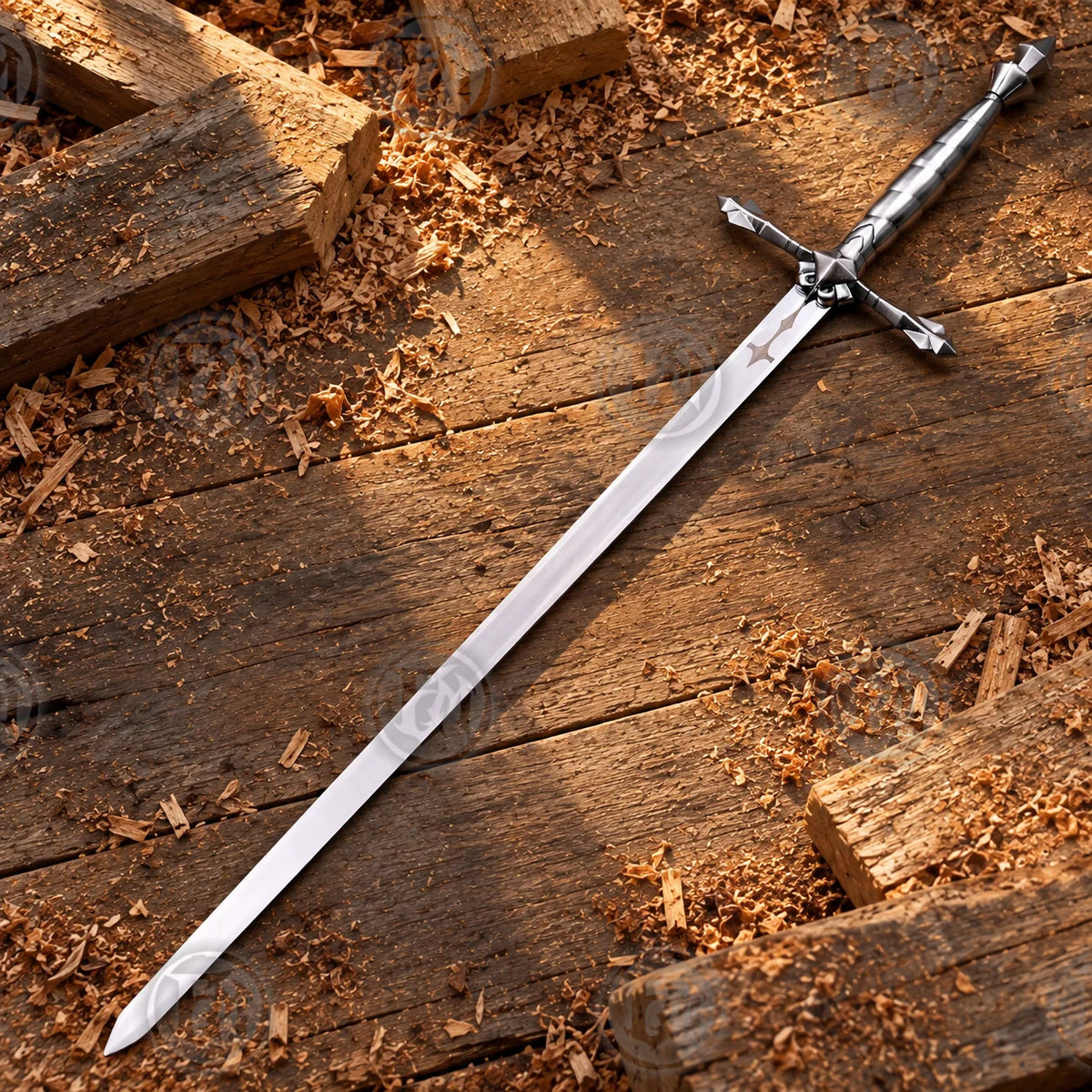 Full-length Alucard gothic longsword with polished stainless steel blade and ornate silver hilt