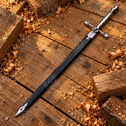 Alucard sword in black scabbard showing decorative silver fittings and gothic fantasy hilt design