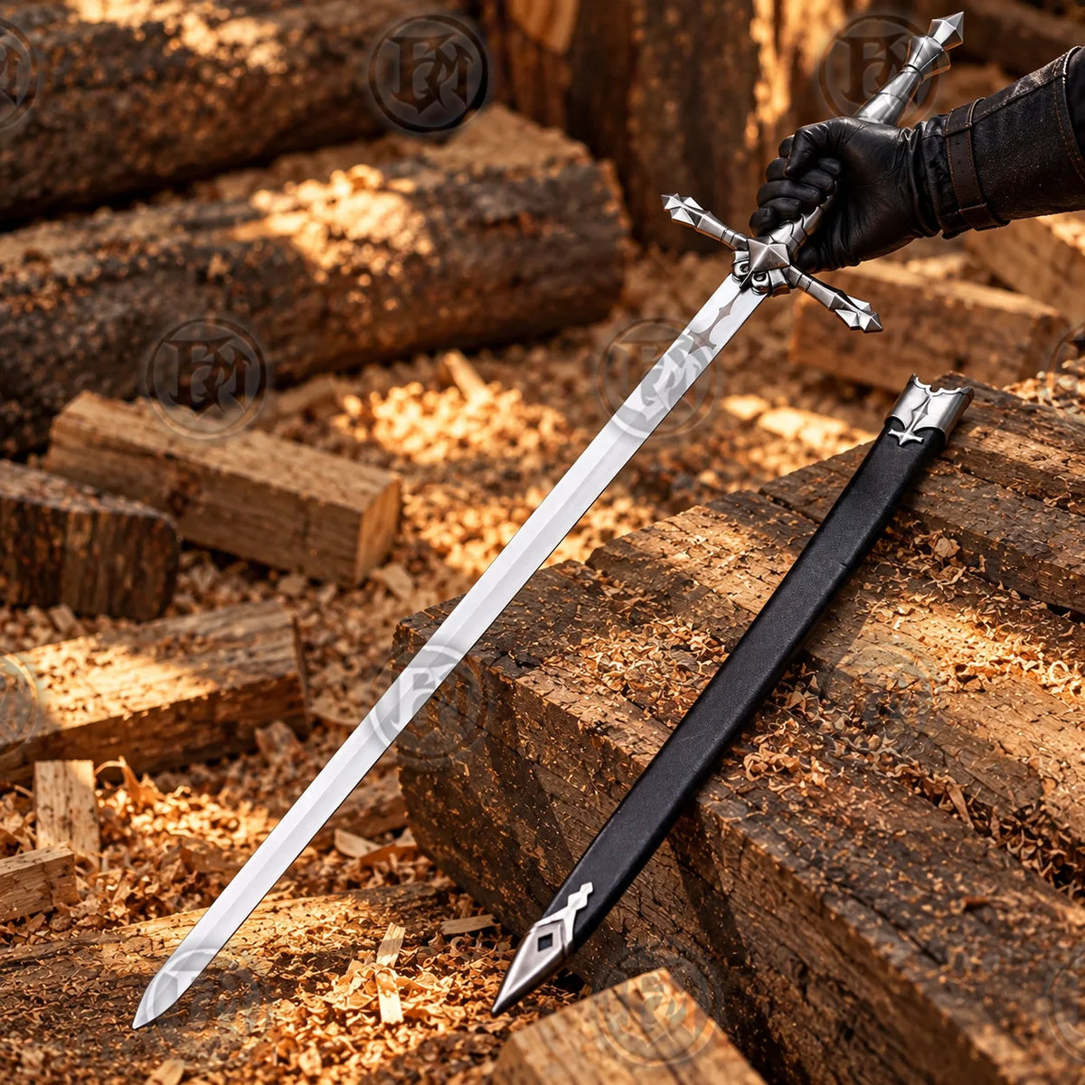 Gloved hand holding Alucard Vampire Sword Replica beside black scabbard in rustic woodland setting