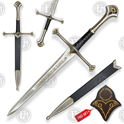 Anduril Narsil Flame of the West dagger replica with engraved blade, black scabbard and fantasy display plaque