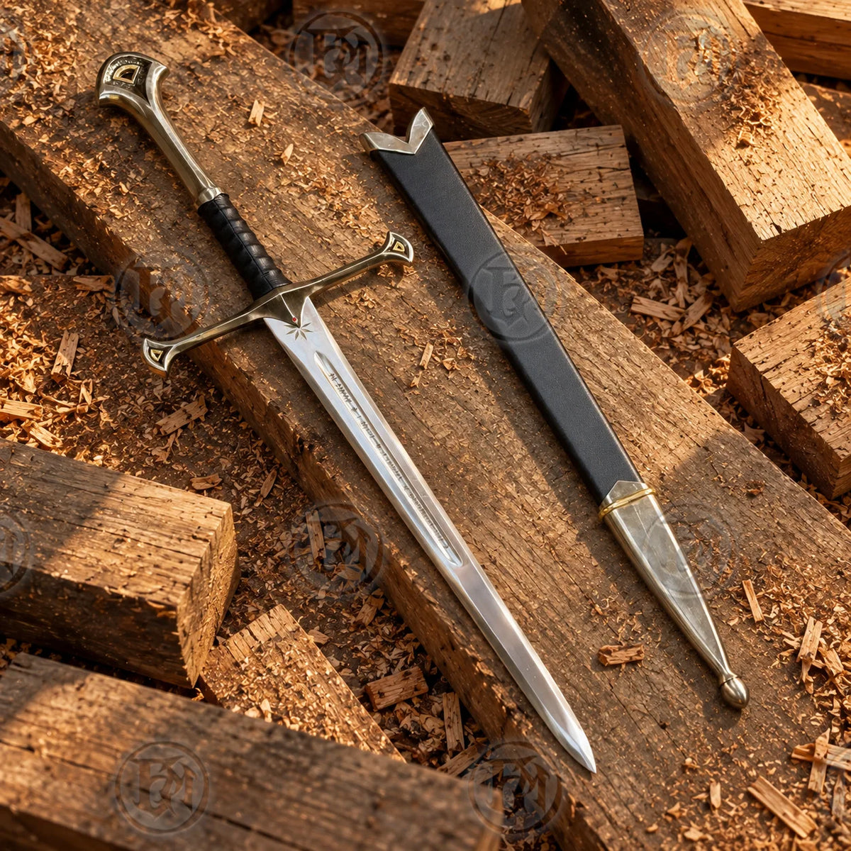 Anduril Narsil dagger and black scabbard displayed diagonally across weathered wooden beams