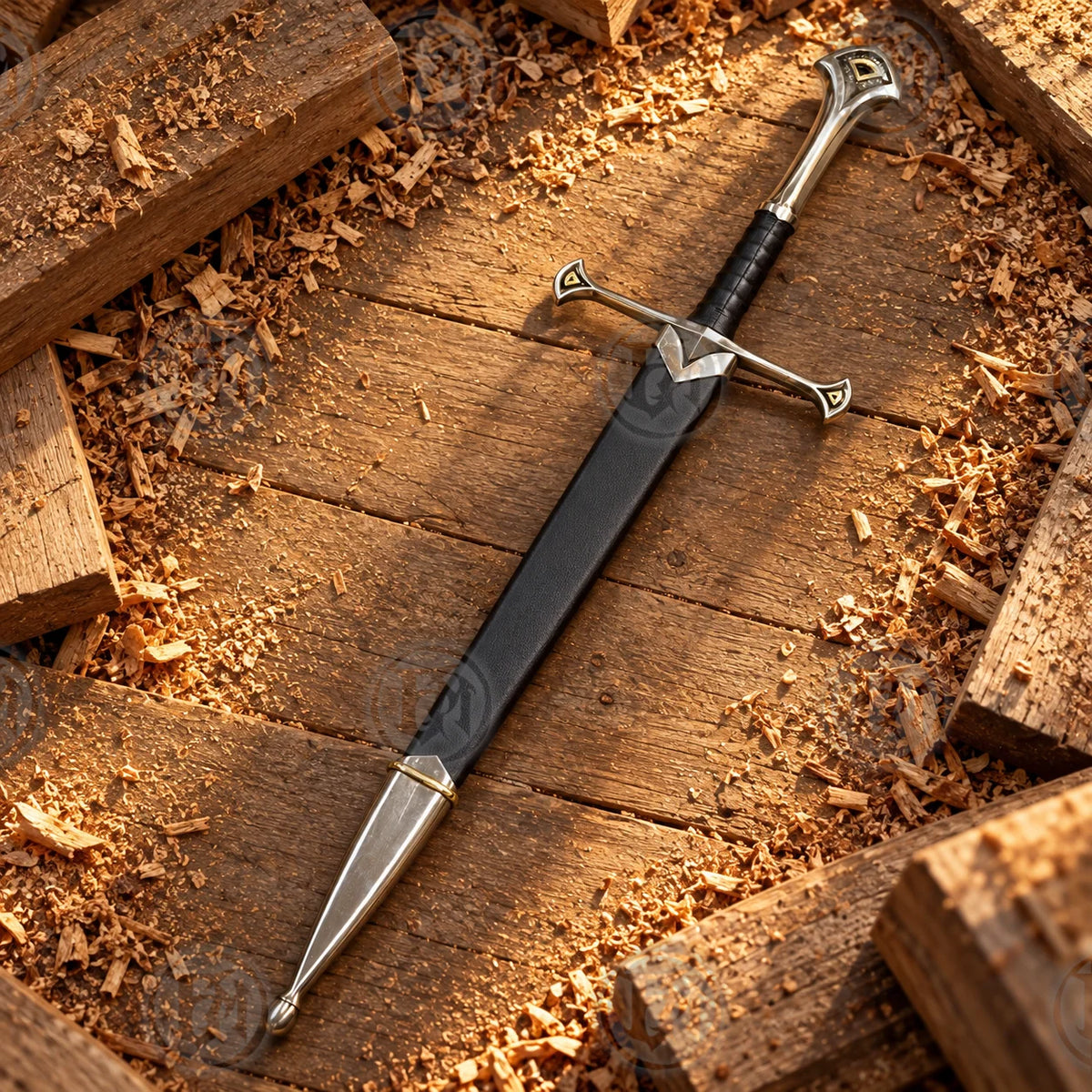 Anduril dagger replica fully sheathed in black scabbard with detailed silver and gold hilt visible