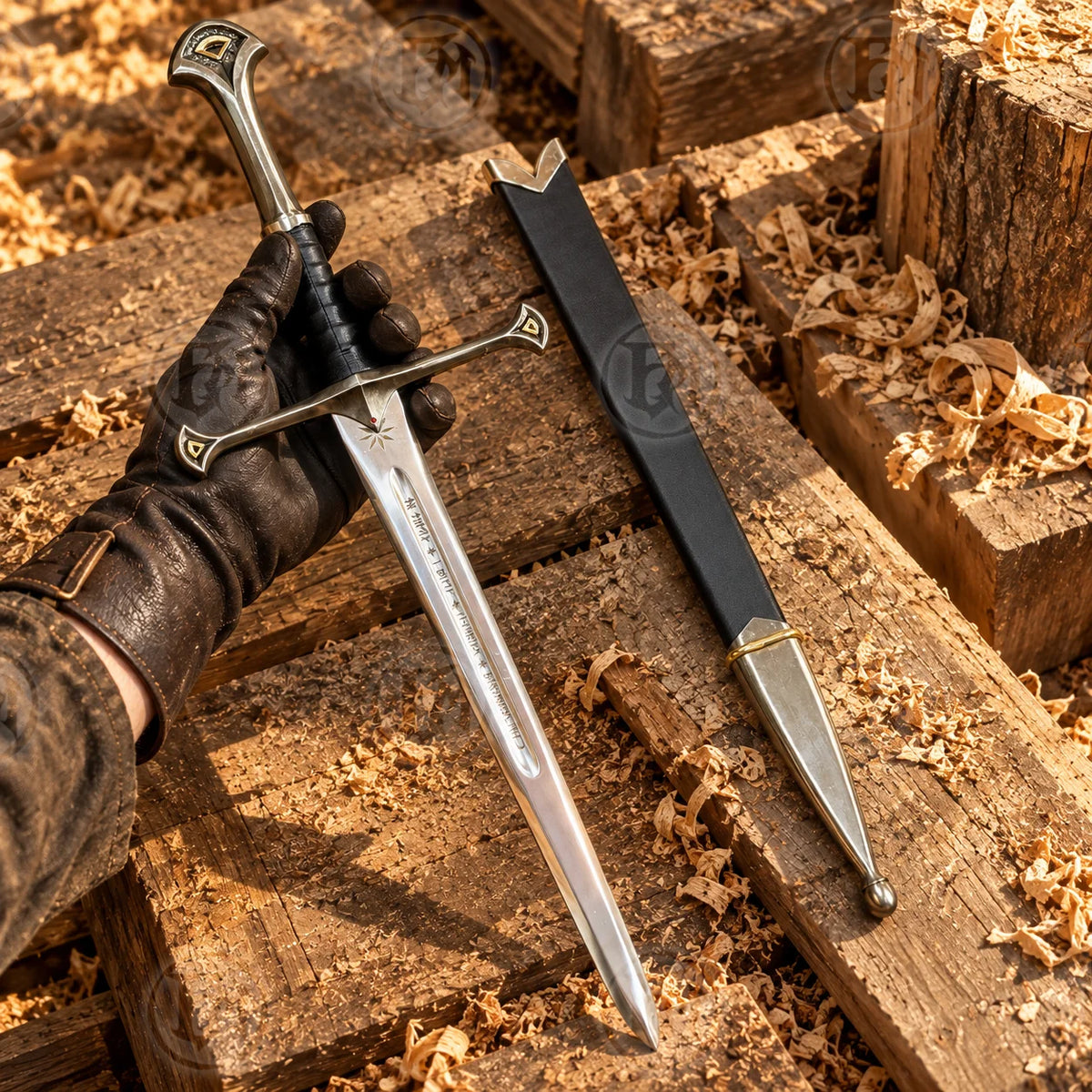 Gloved hand holding the Anduril Flame of the West dagger beside its black scabbard on timber