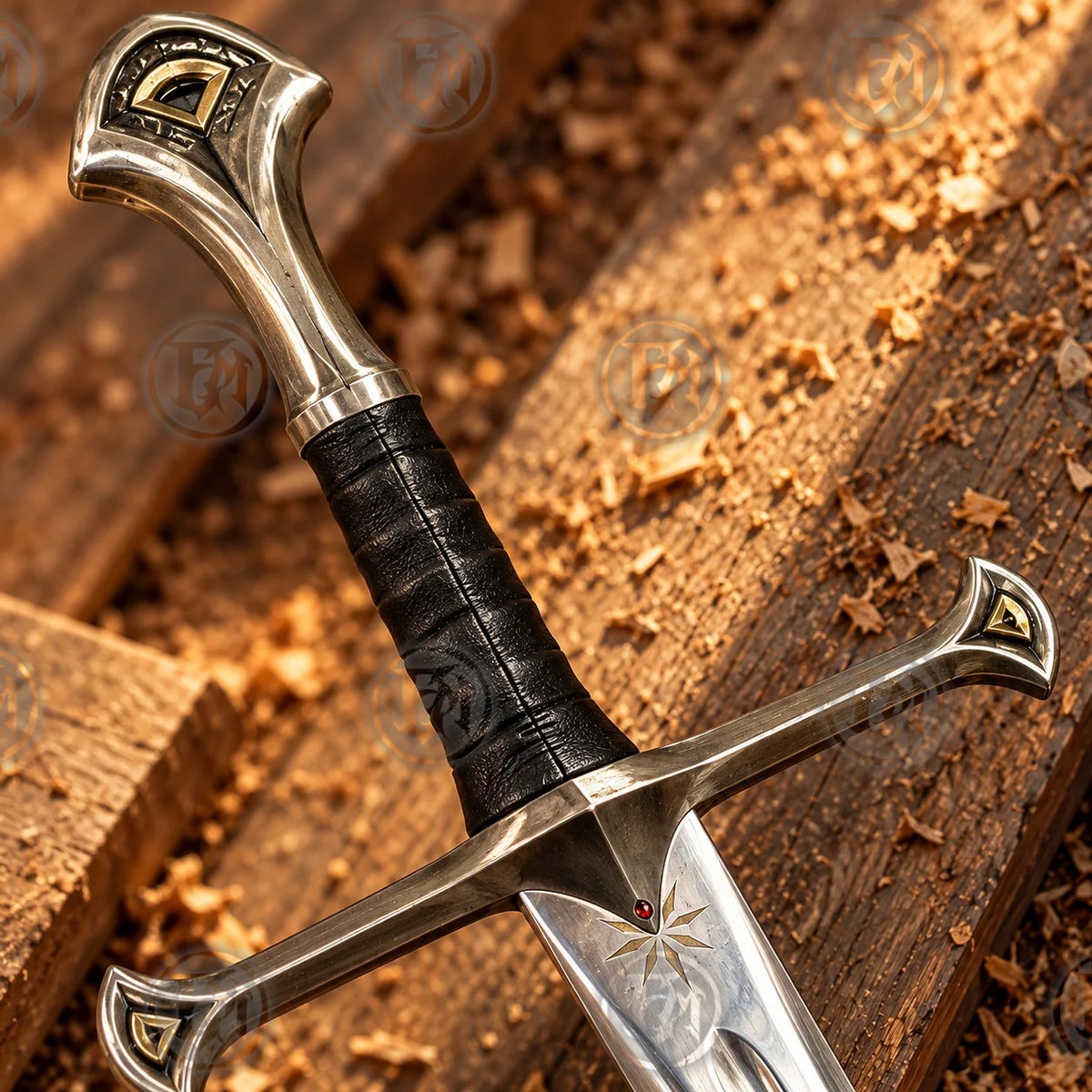 Close-up of Anduril dagger hilt showing black grip, silver crossguard and gold decorative accents