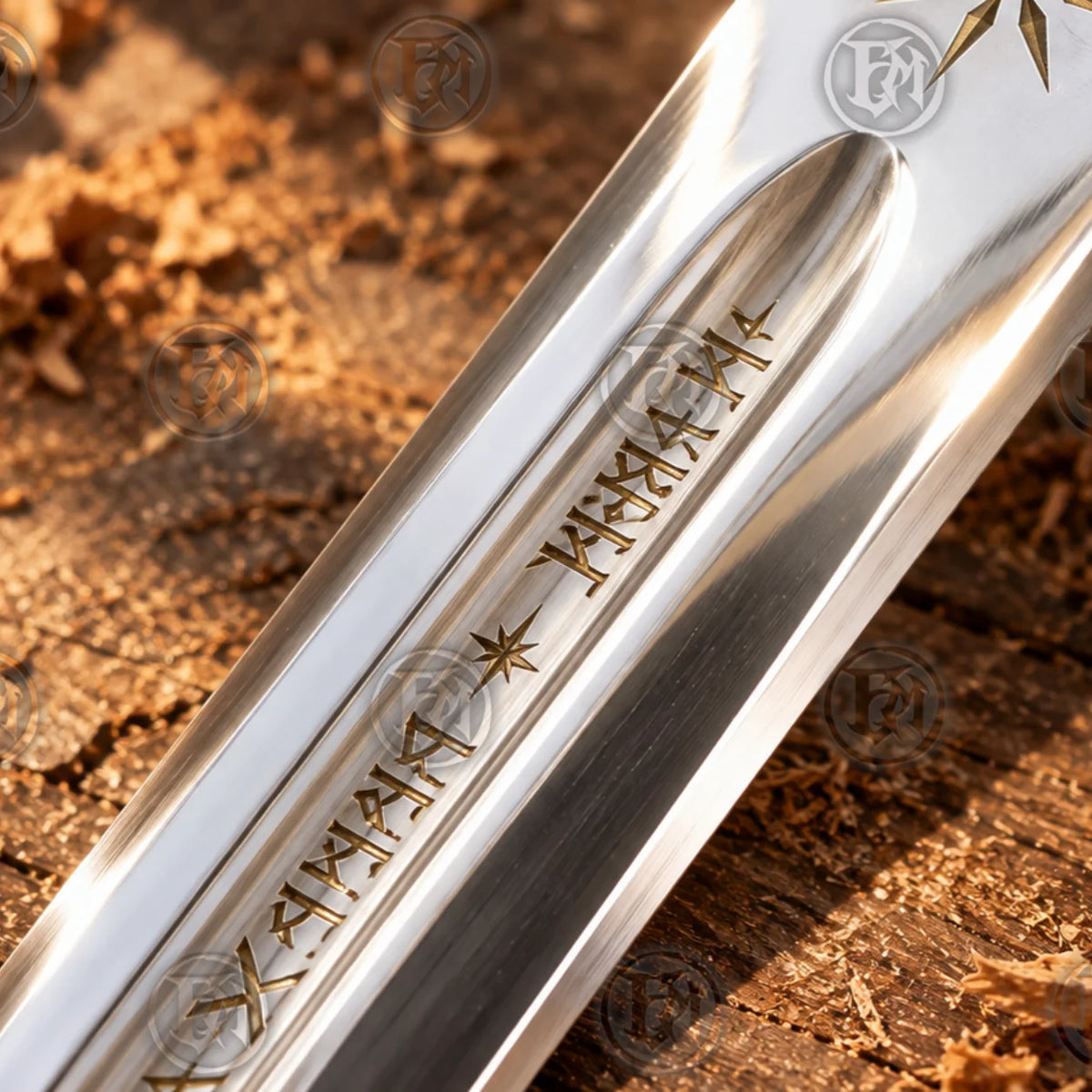Close-up of Anduril stainless steel blade showing engraved fantasy runes and star-shaped detailing