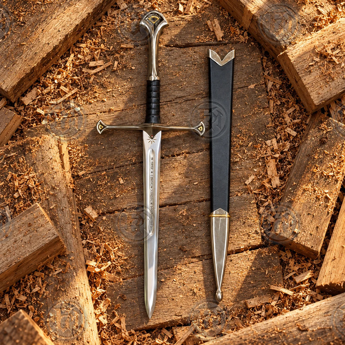 Full Anduril Narsil dagger replica and black scabbard displayed vertically on rustic wooden boards