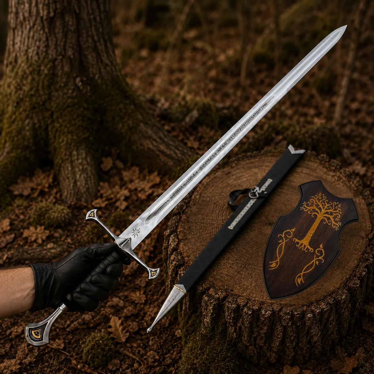 Aragorn-inspired Anduril sword held in a black-gloved hand outdoors beside its black scabbard and wooden wall plaque