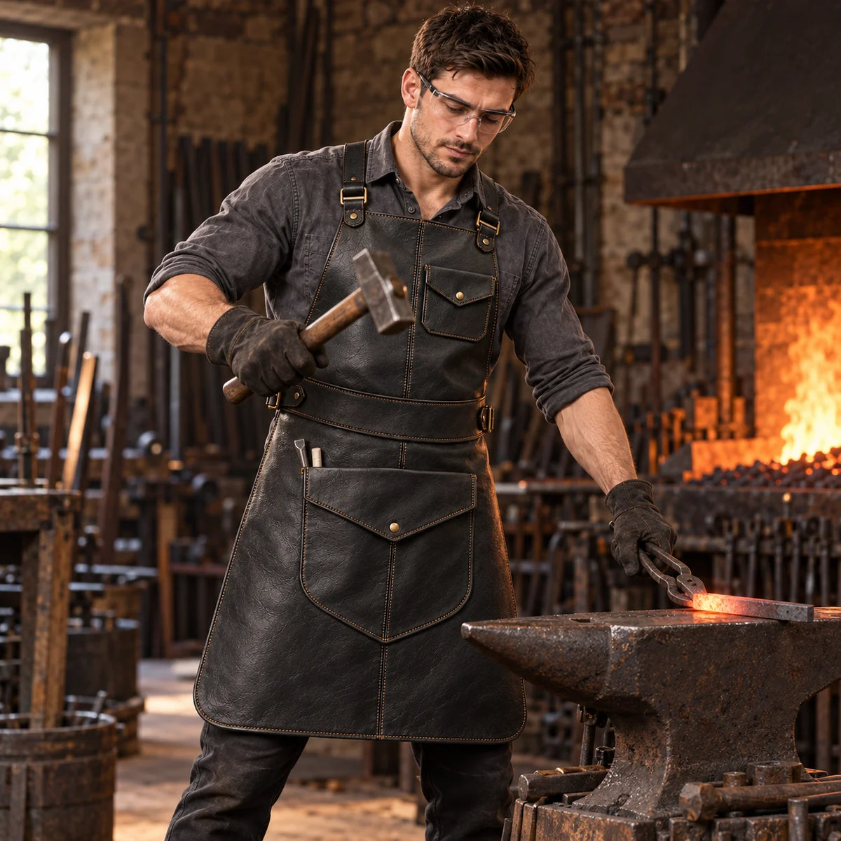 Blacksmith wearing the Anvil Arc black leather apron while working with a hammer and tongs beside a glowing forge and anvil.