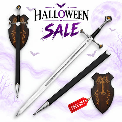 Aragorn Anduril sword replica from Lord of the Rings with engraved silver blade, black wrapped grip, black scabbard and wooden Tree of Gondor display plaque.