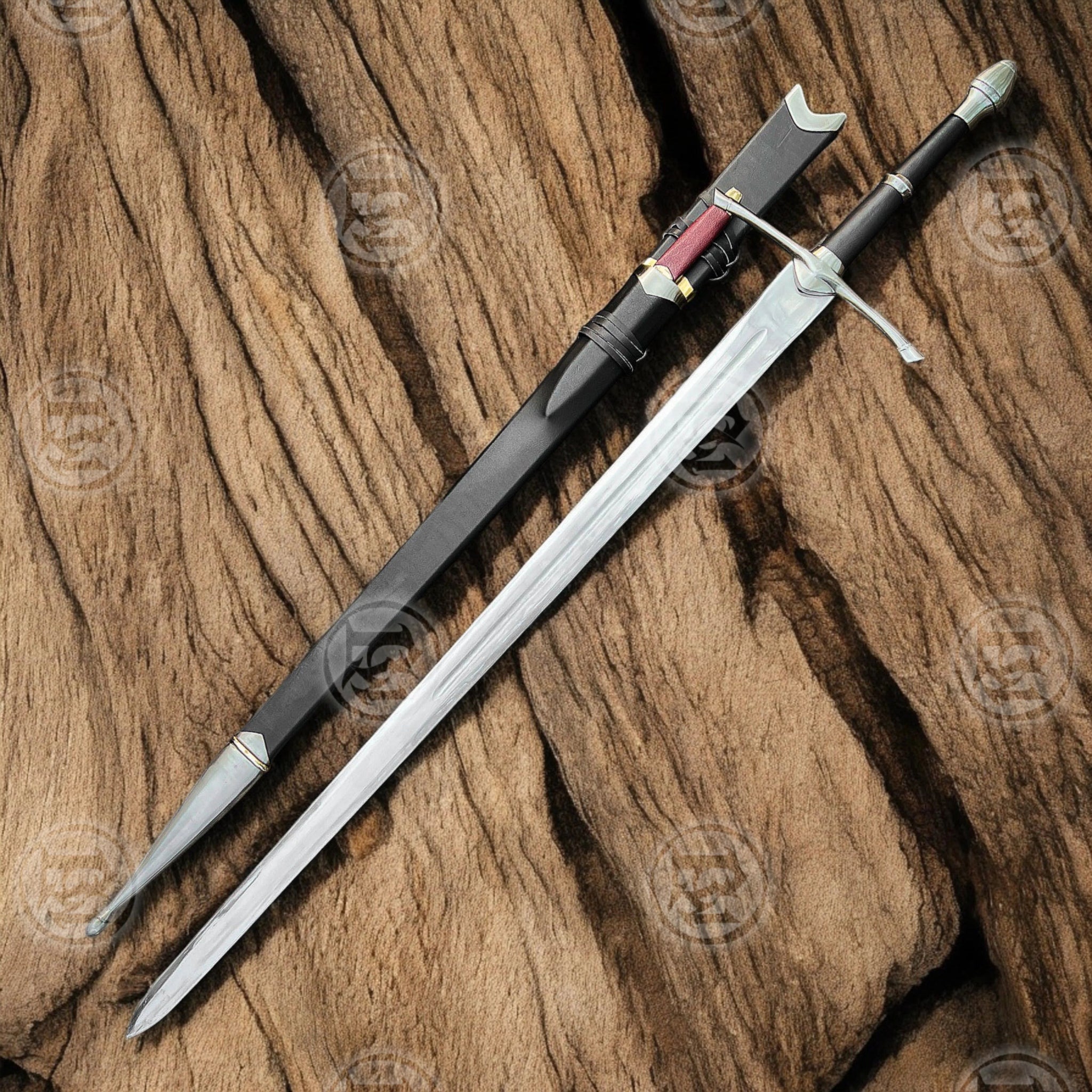 Aragorn Ranger Sword Replica with wooden scabbard, detailed hilt, and certificate of authenticity, perfect for collectors and LOTR fans.