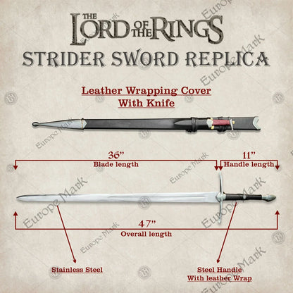 Aragorn Ranger Sword Replica with wooden scabbard, detailed hilt, and certificate of authenticity, perfect for collectors and LOTR fans.