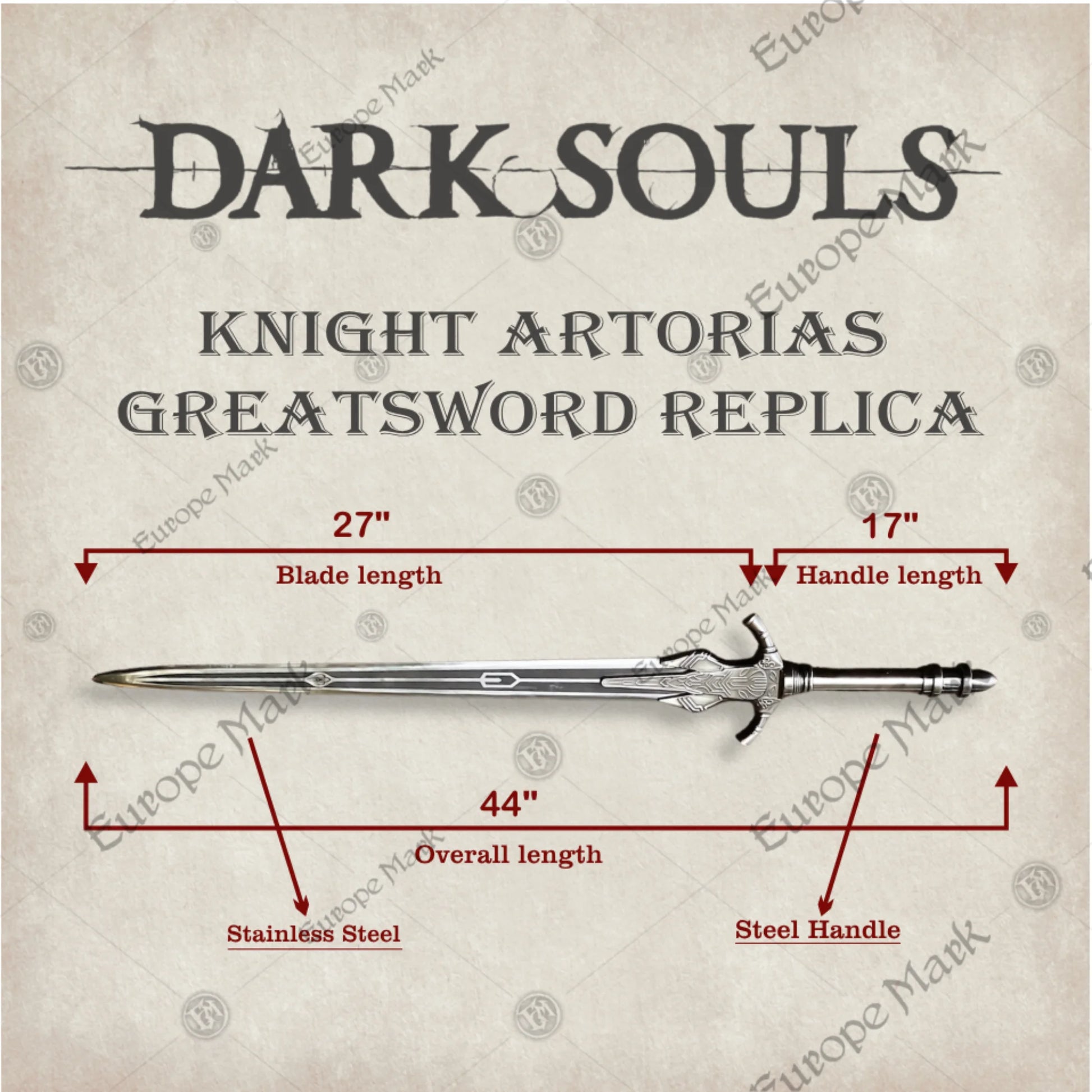 Premium Dark Souls Artorias Greatsword Replica with Ebony Plaque