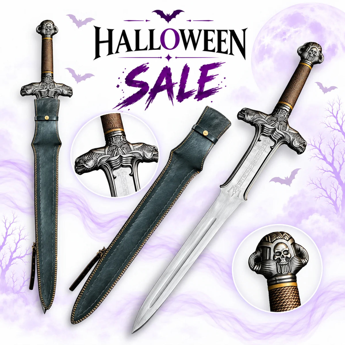 Conan the Barbarian Atlantean Sword replica with skull pommel, bronze-textured grip, engraved silver blade and dark leather sheath in Europe Mark's Halloween sale.
