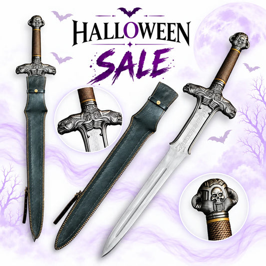 Conan the Barbarian Atlantean Sword replica with skull pommel, bronze-textured grip, engraved silver blade and dark leather sheath in Europe Mark's Halloween sale.