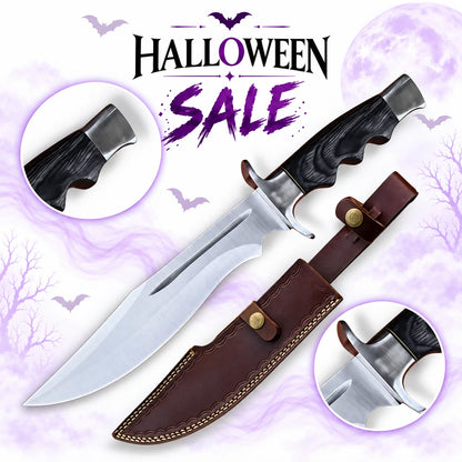 Barney Ross Elite Legionnaire Bowie Knife replica from The Expendables with wide silver blade, dark contoured wooden handle and brown leather sheath in Halloween sale.