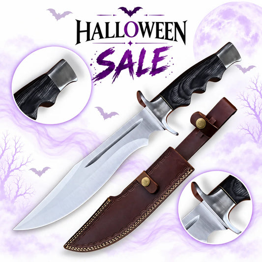 Barney Ross Elite Legionnaire Bowie Knife replica from The Expendables with wide silver blade, dark contoured wooden handle and brown leather sheath in Halloween sale.