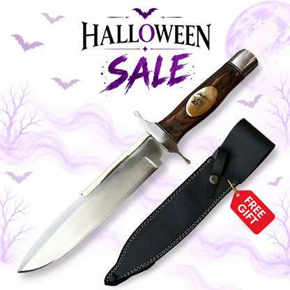 Barney Ross Legacy Toothpick Knife replica from The Expendables 2 with polished silver blade, wooden handle, brass emblem and black leather sheath in Halloween sale.