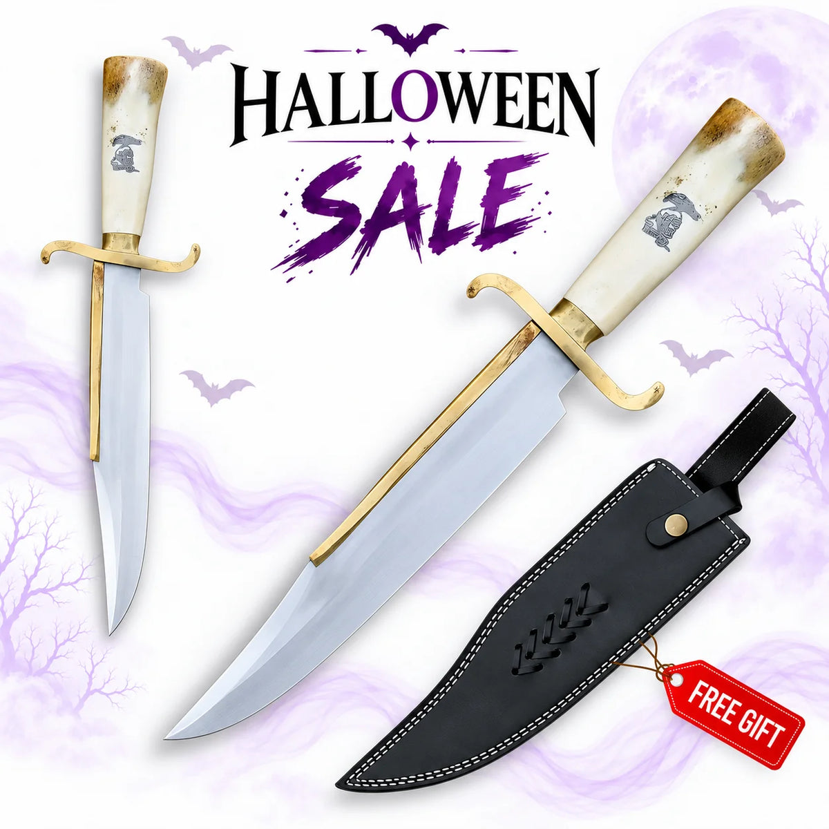 Barney Ross Signature Bowie Knife replica from The Expendables with ivory-coloured handle, golden curved crossguard, polished silver blade and black sheath.