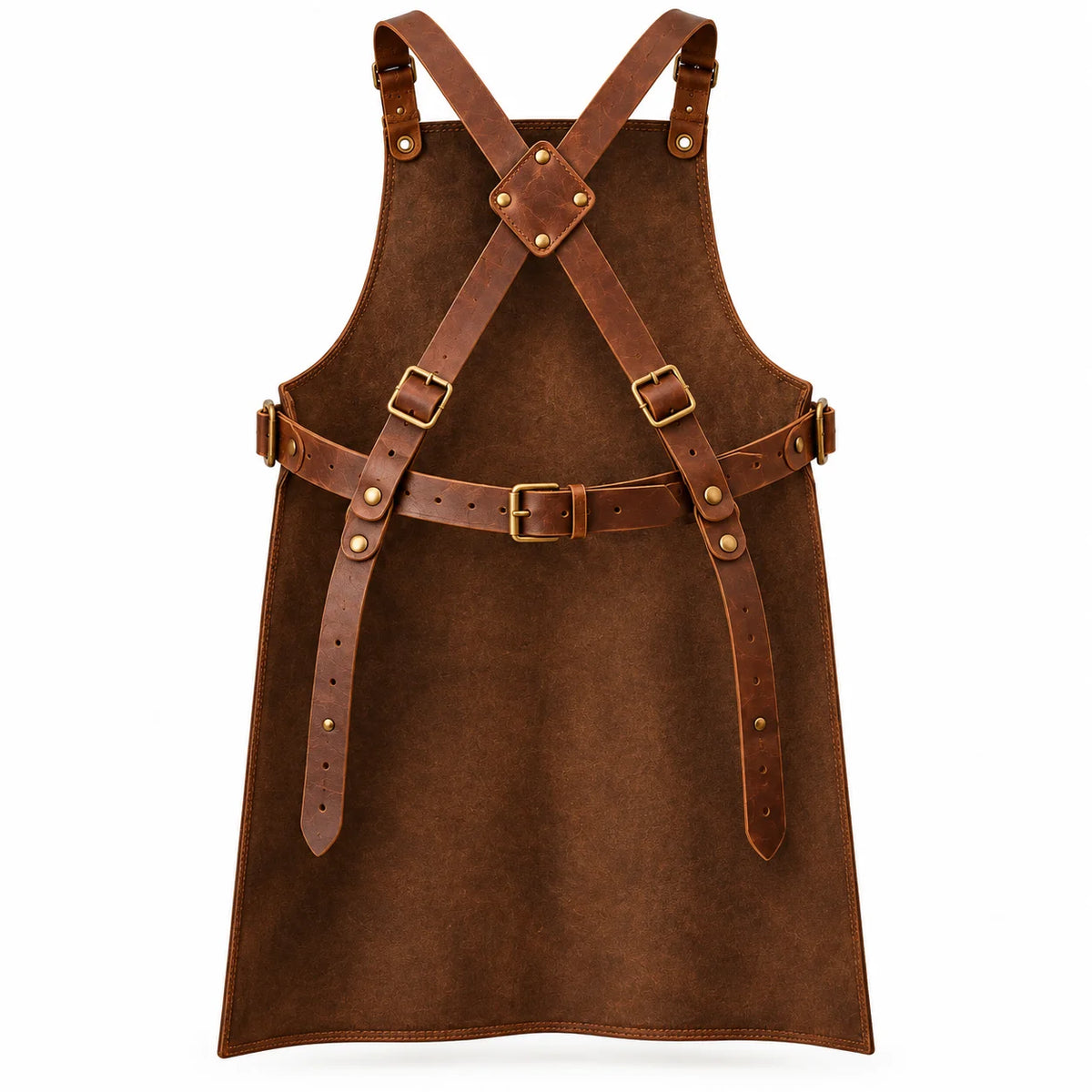 Rear view of Bench Grid leather apron showing adjustable brown cross-back straps, diamond-shaped connector and waist buckle.