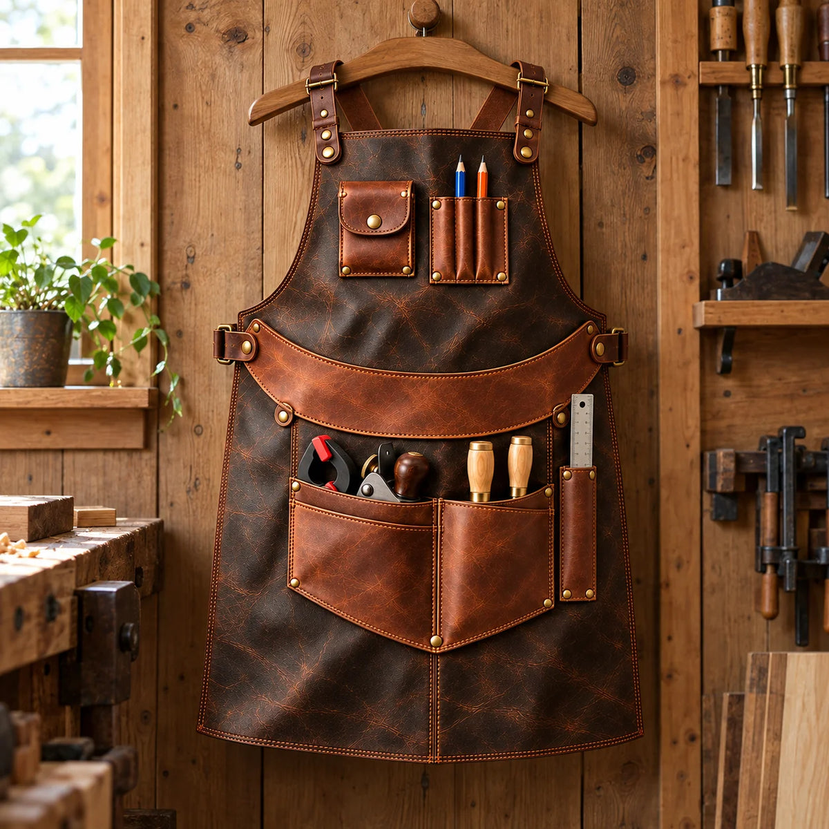 Distressed walnut brown leather woodworking apron hanging in a timber workshop with front tool pockets and pencil sleeves visible.