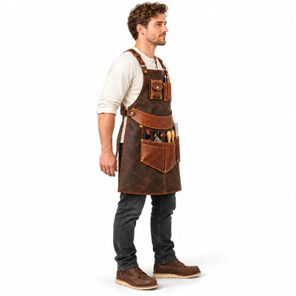 Side profile of male model wearing a distressed walnut brown leather workshop apron with large tool pockets and adjustable straps.