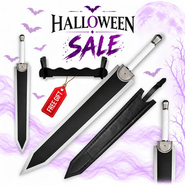 Berserk Guts Dragon Slayer anime sword replica with oversized black and silver blade, white handle and black sheath in Europe Mark's Halloween sale.