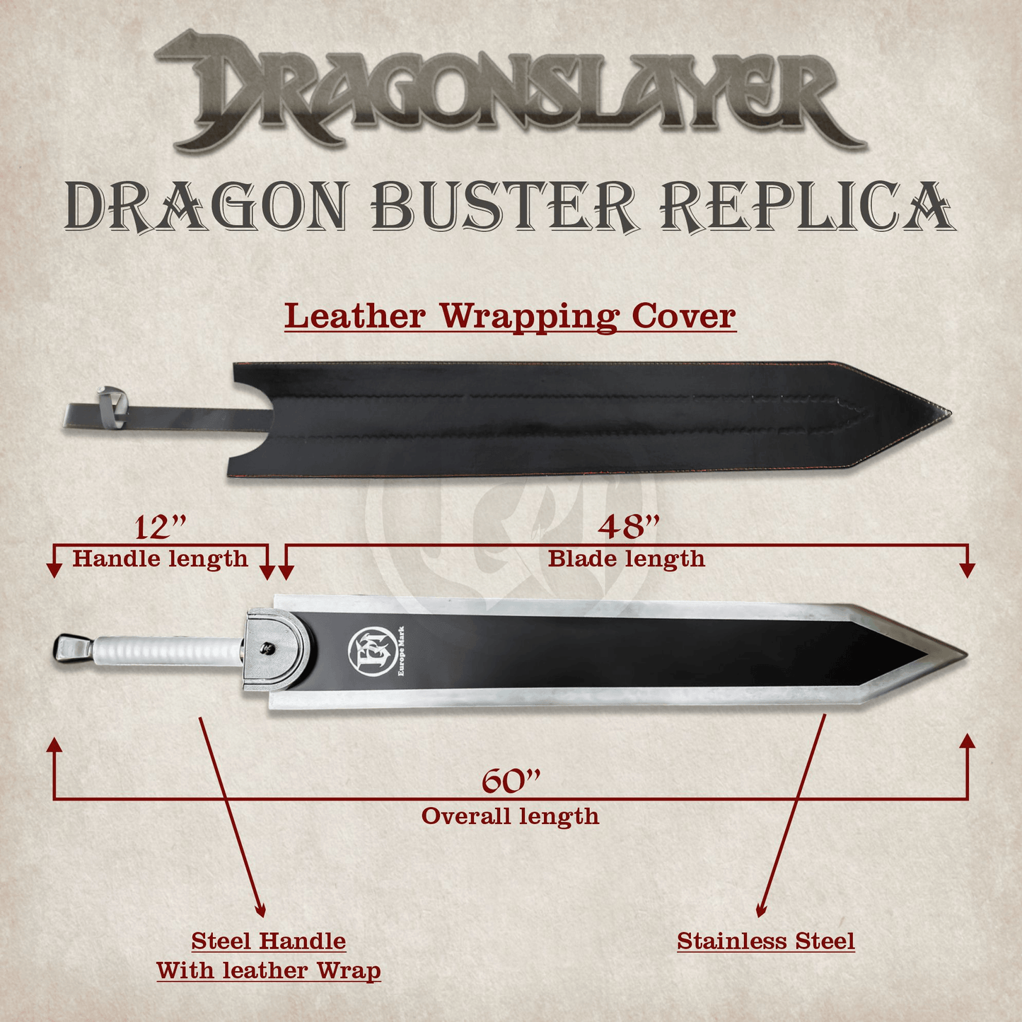  Berserk Guts Dragon Slayer Sword – High-Quality Replica with Leather Handle