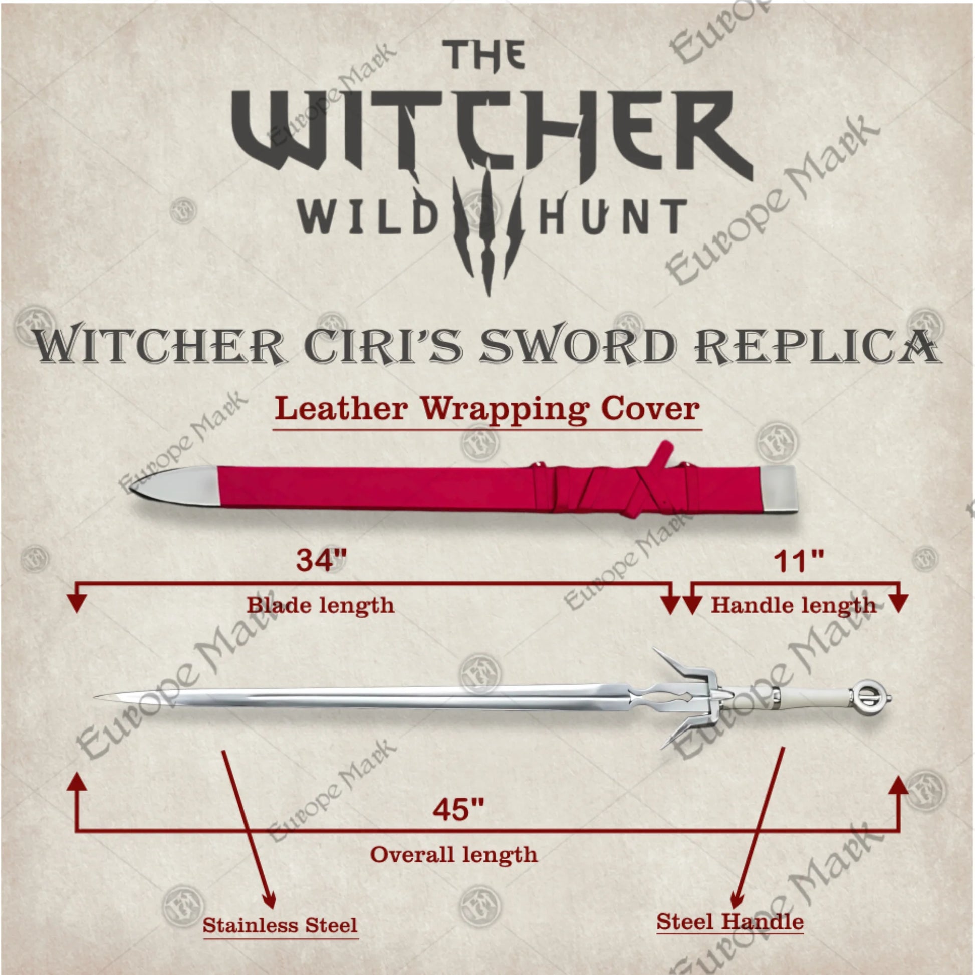 Premium Ciri's Zireael Sword Witcher 3 Replica with stainless steel blade.