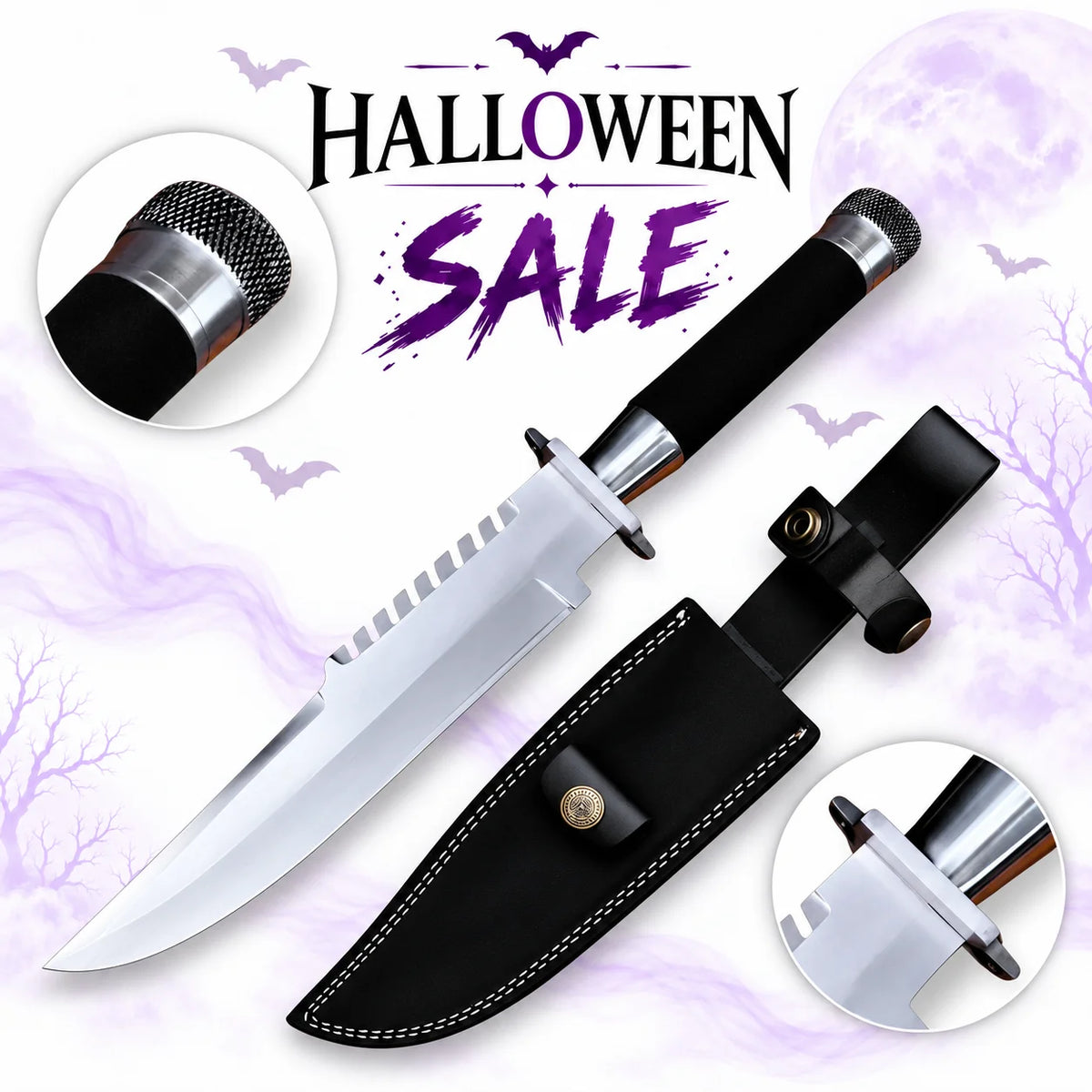 Commando 1985 movie Bowie knife prop replica with polished silver sawback blade, black textured handle, metal pommel and black stitched sheath in Halloween sale.