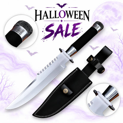 Commando 1985 movie Bowie knife prop replica with polished silver sawback blade, black textured handle, metal pommel and black stitched sheath in Halloween sale.