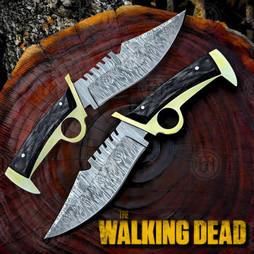 Premium Daryl Dixon Damascus Bowie Knife Replica with Rosewood Stand