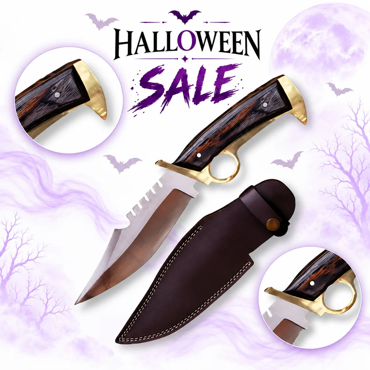 Daryl Dixon Bowie Knife replica inspired by The Walking Dead with silver sawback blade, wooden handle, brass finger-ring guard and brown leather sheath in Halloween sale.