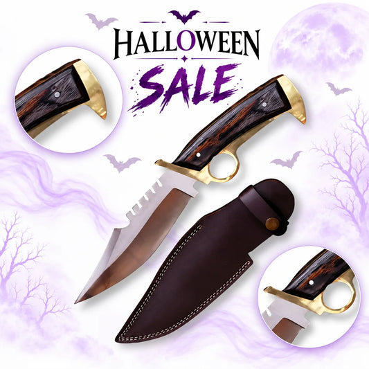 Daryl Dixon Bowie Knife replica inspired by The Walking Dead with silver sawback blade, wooden handle, brass finger-ring guard and brown leather sheath in Halloween sale.