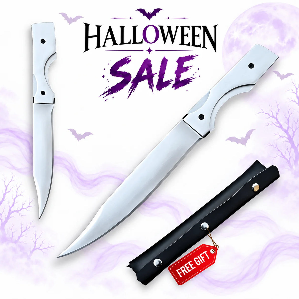 Dexter Morgan TV show knife replica with narrow polished silver blade, white handle, black fastening screws and matching black sheath in Halloween sale artwork.