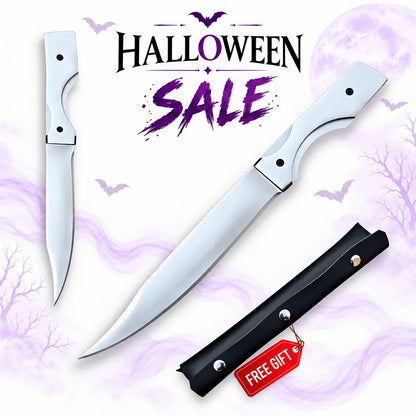 Dexter Morgan TV show knife replica with narrow polished silver blade, white handle, black fastening screws and matching black sheath in Halloween sale artwork.