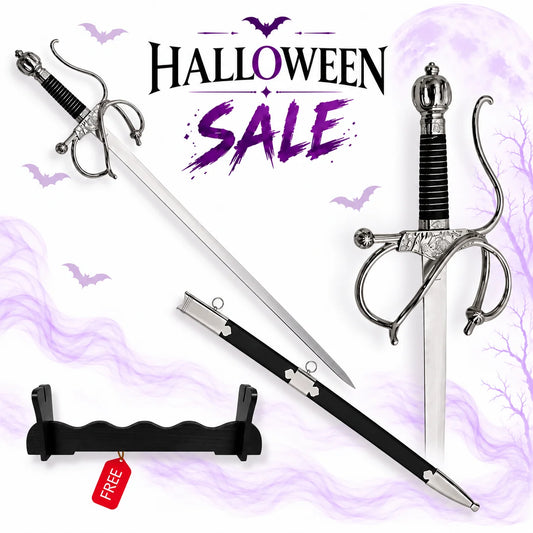 El Cid historical replica rapier sword with ornate silver guard, black scabbard and display stand, featured in Europe Mark's Halloween sale.