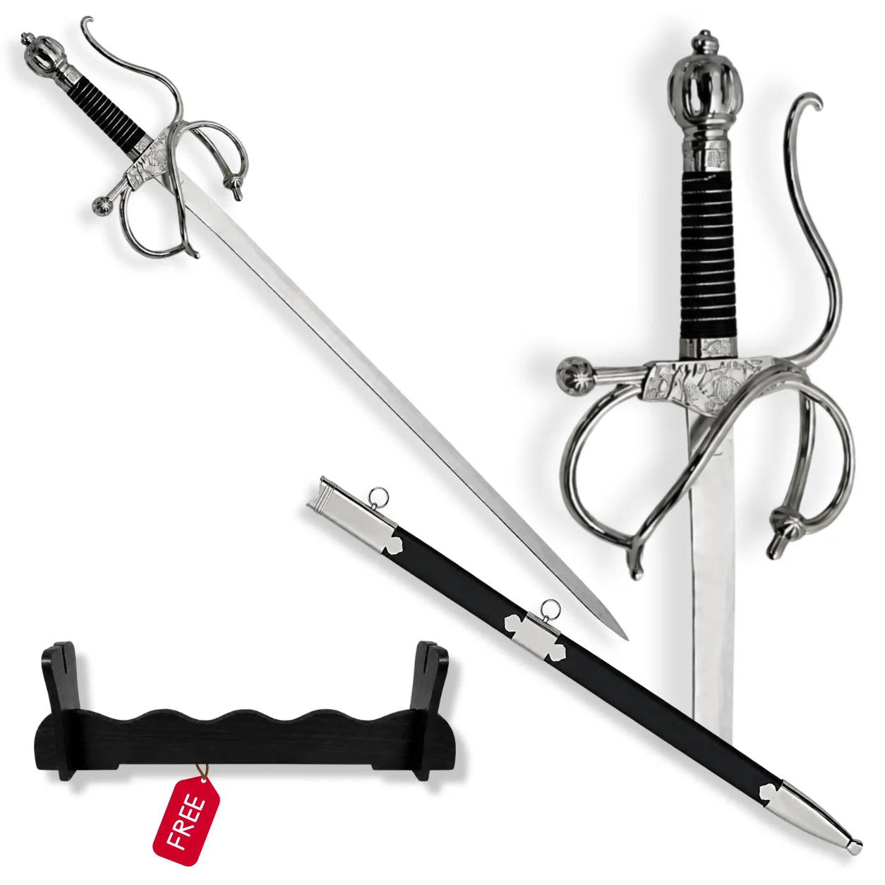 El Cid Rapier Sword with black scabbard, ornate silver guard and free decorative wall plaque on white background