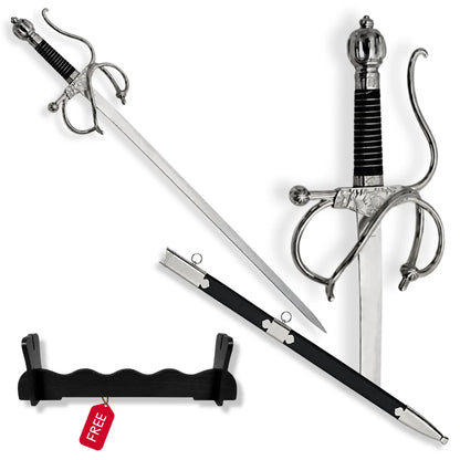 El Cid Rapier Sword with black scabbard, ornate silver guard and free decorative wall plaque on white background