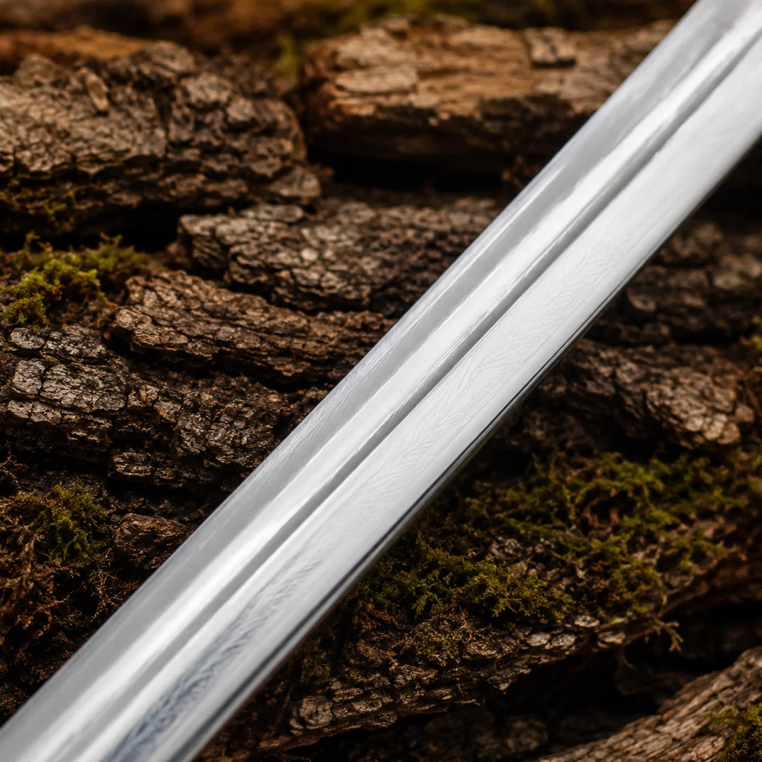 Close-up of the polished stainless steel blade and central ridge of the El Cid Rapier Sword against woodland bark