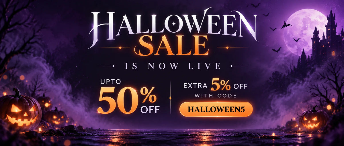 Europe Mark Halloween Sale hero banner with up to 50% off and extra 5% off using code HALLOWEEN5